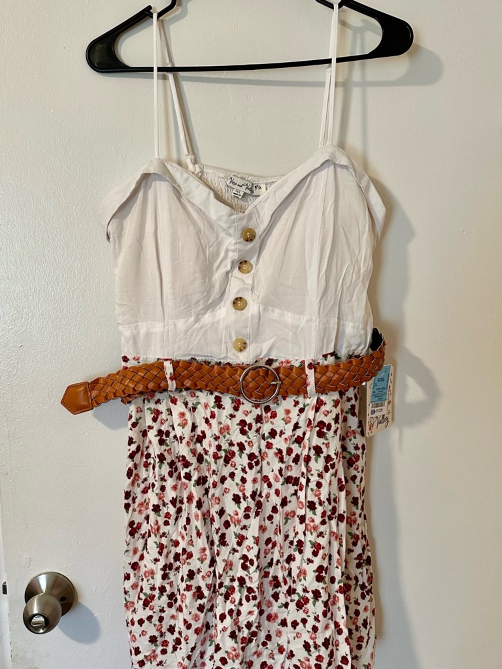 Knotted Spaghetti-Strap Mini Dress with Floral Skirt - White & Red